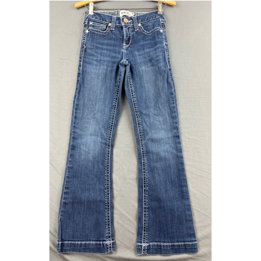 Ariat Real Denim Jeans Kids 12 Bootcut Blue Contrast Stitch Frayed Hem Good